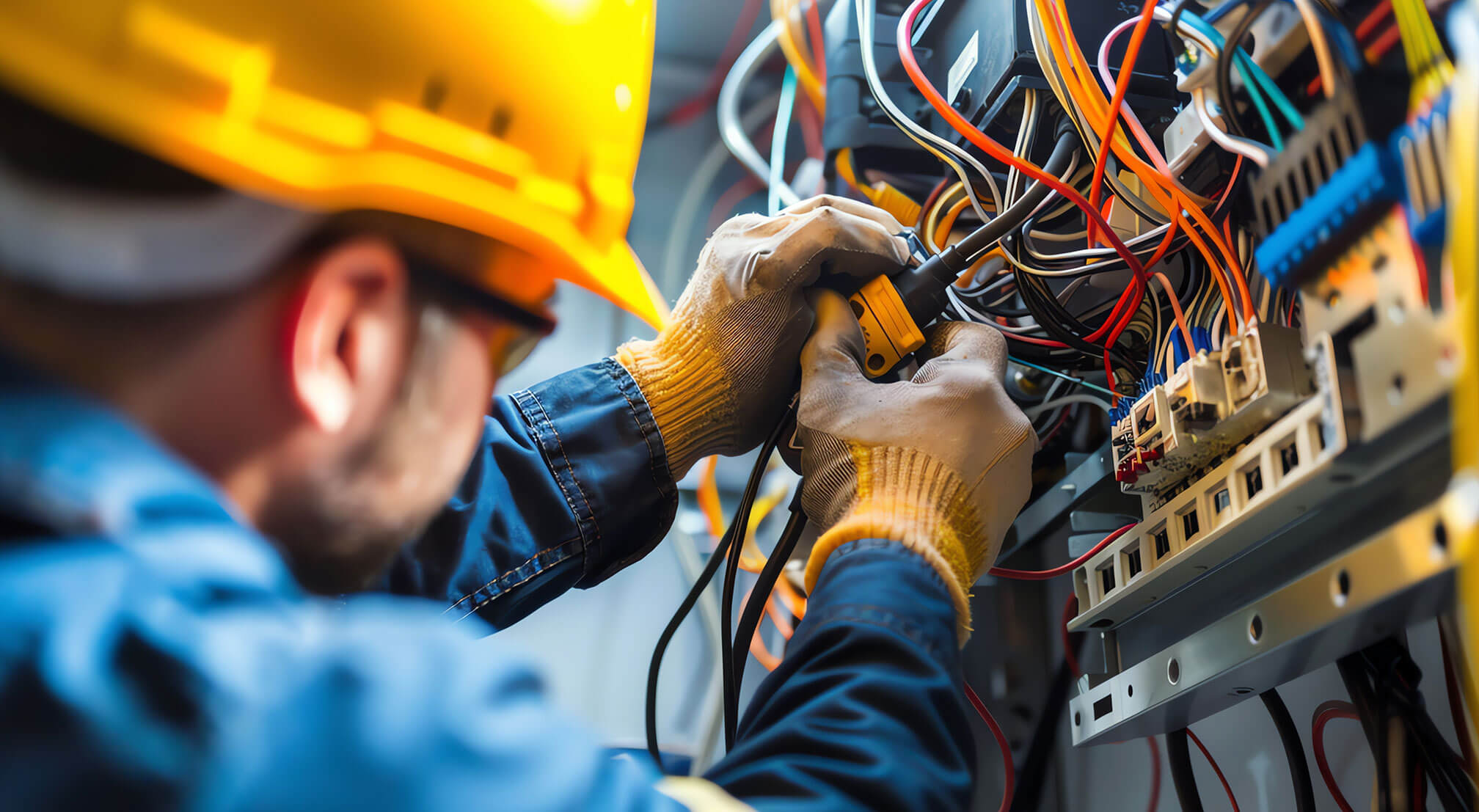Man with a hardhat working on a wiring