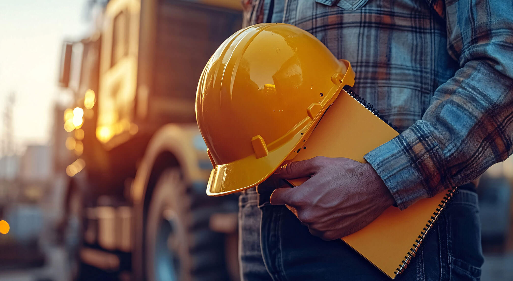 Man with a hardhat standing outside with a clipboard