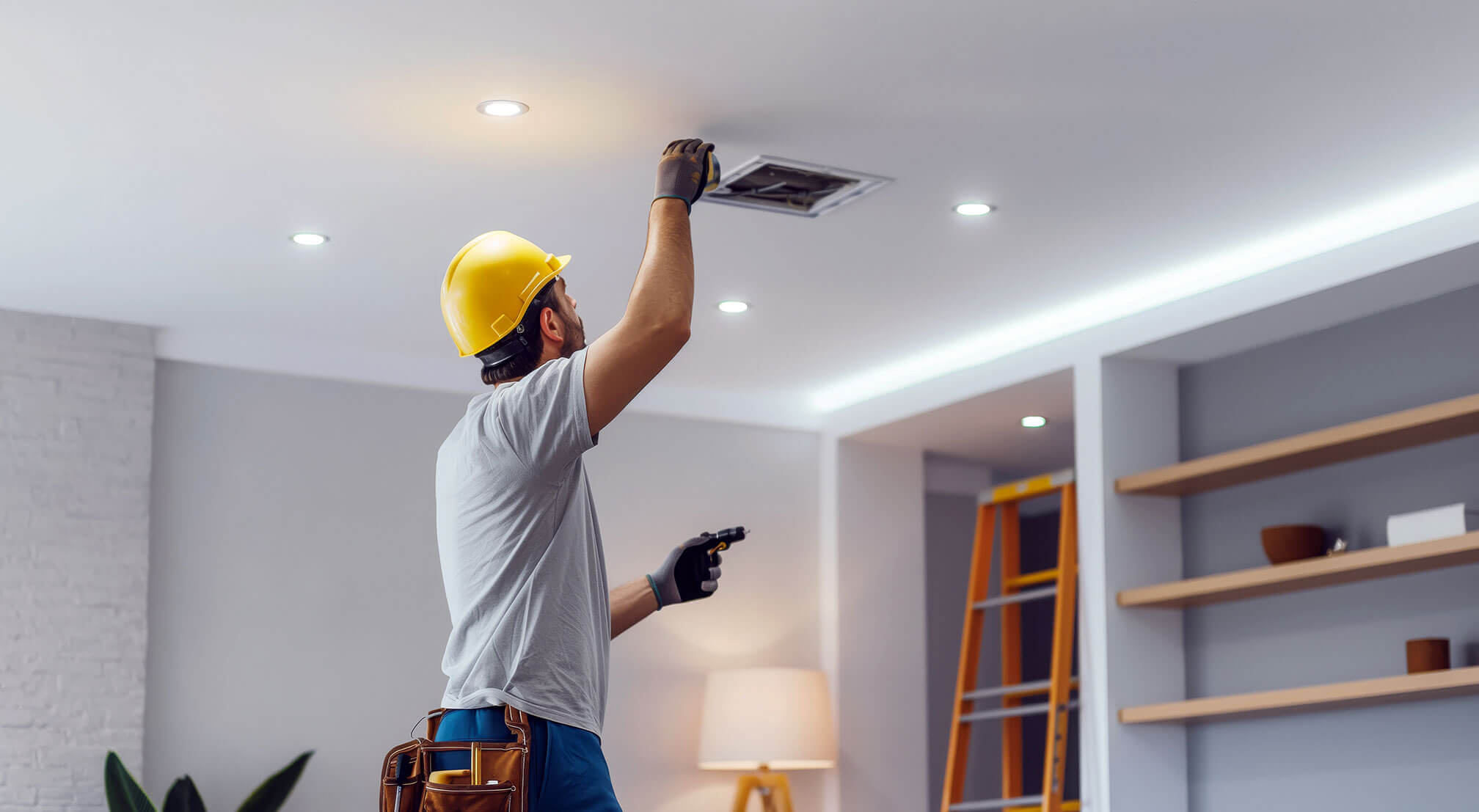 Man Standing on a ladder installing lights