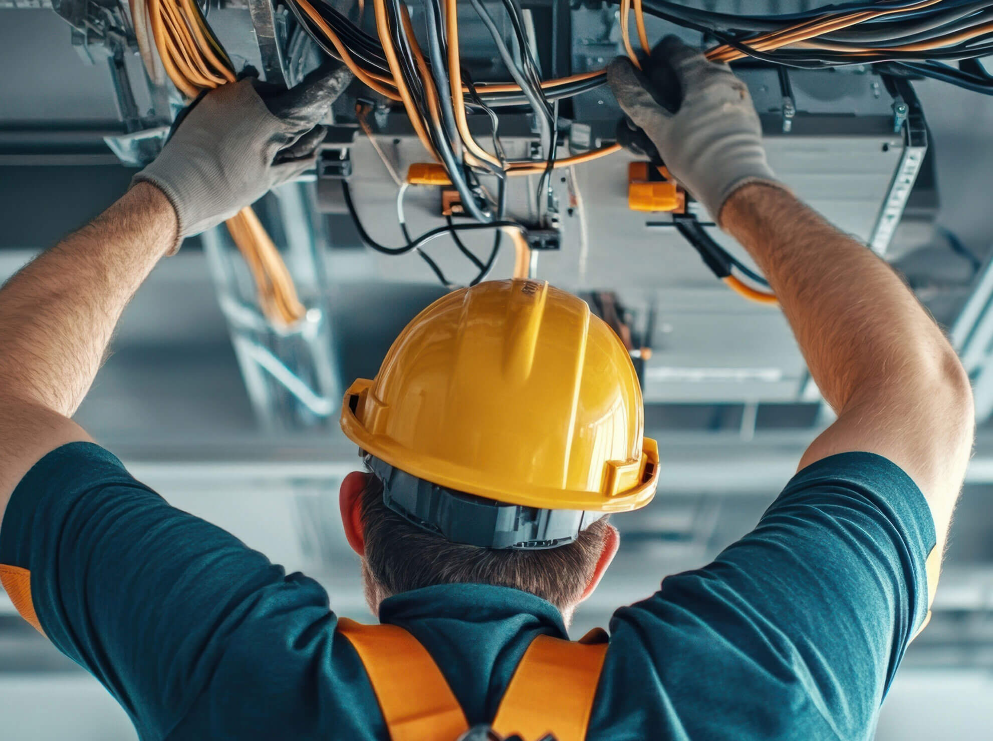 Guy reaching overhead working on tangled wires